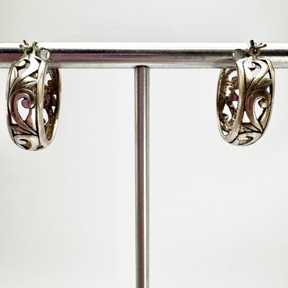 VTG Sterling Silver 925 Scroll Design Hoop Earrings Size 0.75" Diameter - Picture 4 of 11